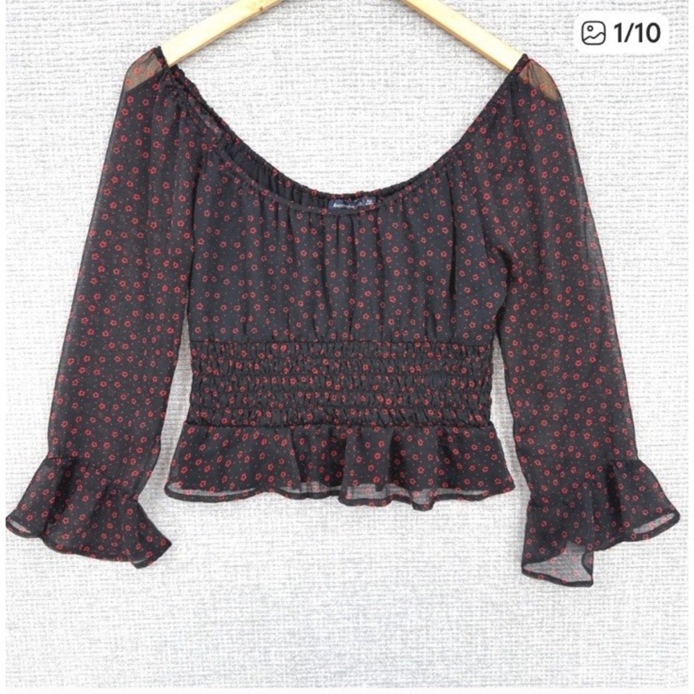 Abercrombie & Fitch Floral Puff Sleeve Top XS Women Crop Peasant Y2K Black 90's